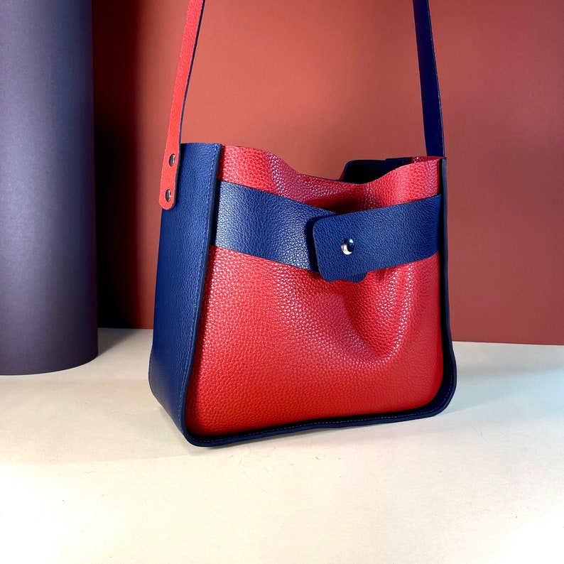 Handmade leather tote bag Crossbody doubleface leather tote Leather tote bag women Red and Blue Leather Tote Woman Summer tote bag image 1