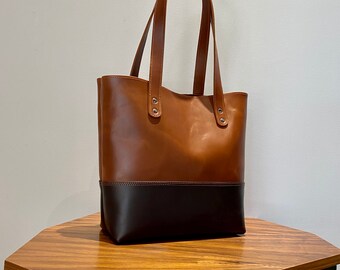 Two tone leather tote bag | Brown leather tote | Classic leather tote bag | Handmade large purse | Cognac leather tote | Leather laptop bag