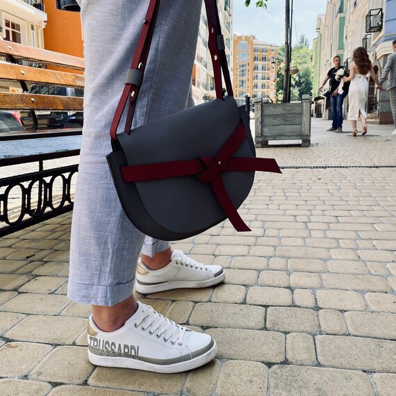 Handmade Leather Saddle Bag, Small Crossbody Purse, Grey Casual Shoulder Bag, Unique Soft Shape