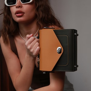 Sac à main pour femme en cuir avec poignée, Cartable en cuir lisse fait main, Petit sac à bandoulière, Sac à main en cuir kaki, Sac à bandoulière en cuir vert foncé