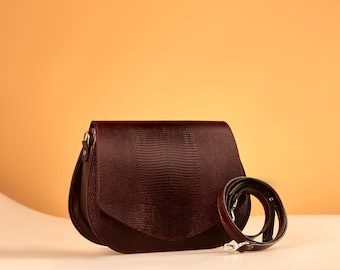 Burgundy Iguana Embossed Leather Saddle Crossbody, Italian Shoulder Bag