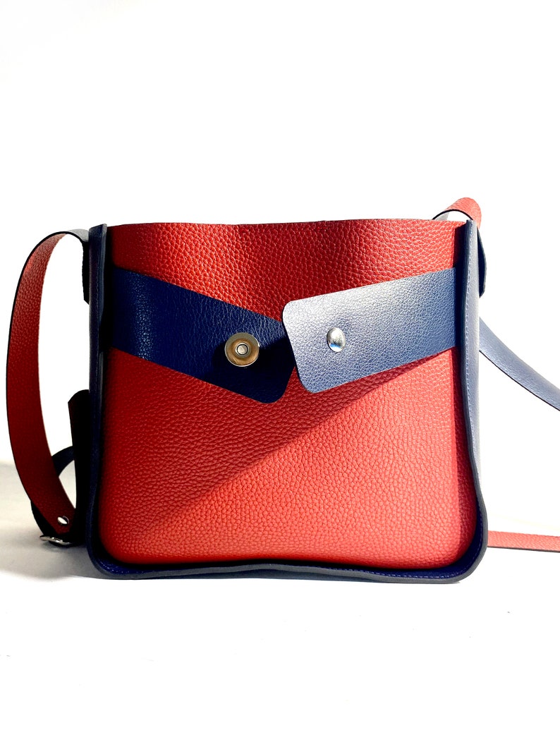 Handmade leather tote bag Crossbody doubleface leather tote Leather tote bag women Red and Blue Leather Tote Woman Summer tote bag image 5