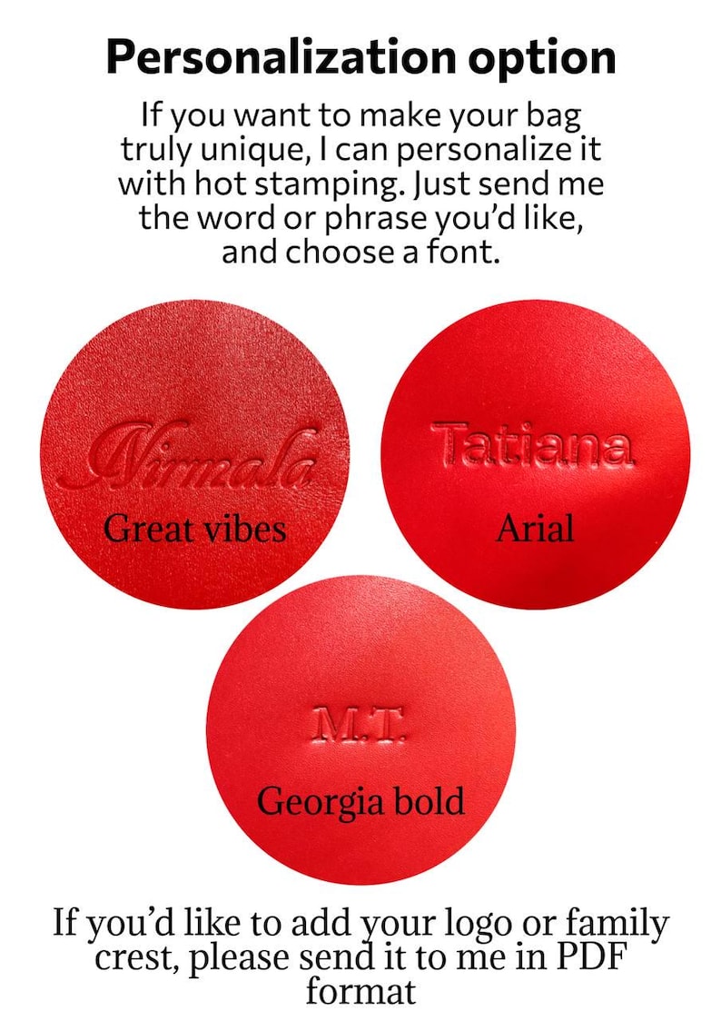 May include: Red leather circles with embossed text, demonstrating personalisation options. The circles display names and initials in various fonts, including "Virmala" and "Tatiana". The text "Personalisation option" is at the top.