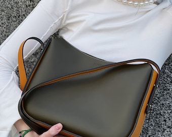Khaki Leather Shoulder Bag, Smart Casual Everyday Purse, Minimal Structured Handbag with Mustard Accent