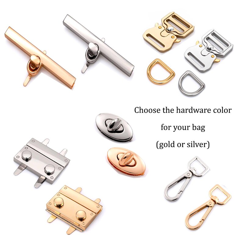 May include: A selection of bag hardware in gold and silver finishes. The image displays toggle clasps, D-rings, swivel hooks, and magnetic snap closures. Also shown are side release buckles and oval twist locks for bag making.