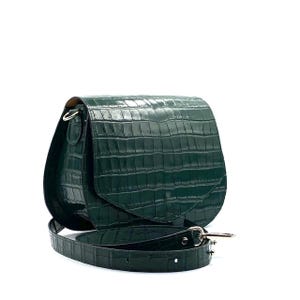 Green saddle bag for women, Green leather crossbody bag, Green crocodile embossed leather handbag, Croco leather bag, Green designer handbag
