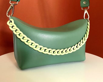 Handmade shoulder leather bag | Light green leather crossbody | Green leather purse woman | Green smooth leather handbag | Green Satchel