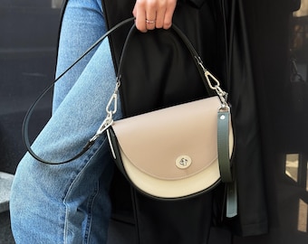Half Moon Leather Bag, Crescent Shoulder Purse, Beige Khaki Ivory Crossbody Handbag