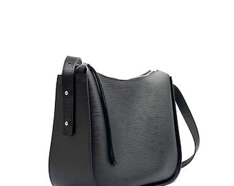 Black Leather Crossbody Bag, Embossed Shoulder Purse with Zipper, Medium Everyday Work Handbag