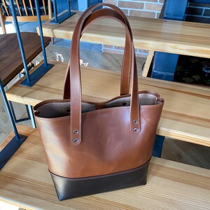 Two tone leather tote bag,  Brown leather tote, Classic leather tote bag, Handmade large purse, Cognac leather tote, Leather laptop bag