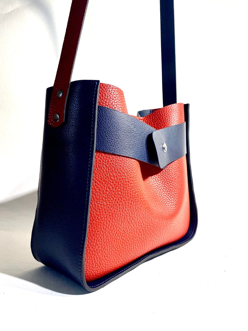 Handmade leather tote bag Crossbody doubleface leather tote Leather tote bag women Red and Blue Leather Tote Woman Summer tote bag image 6
