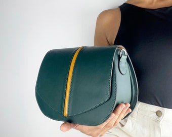 Leather saddle bag, Dark green leather crossbody, Dark green leather purse, Dark green handbag, Smooth leather handbag, Dark green satchel