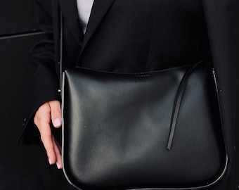 Black Leather Crossbody Bag, Zipper Shoulder Purse, Everyday Structured Womens Handbag