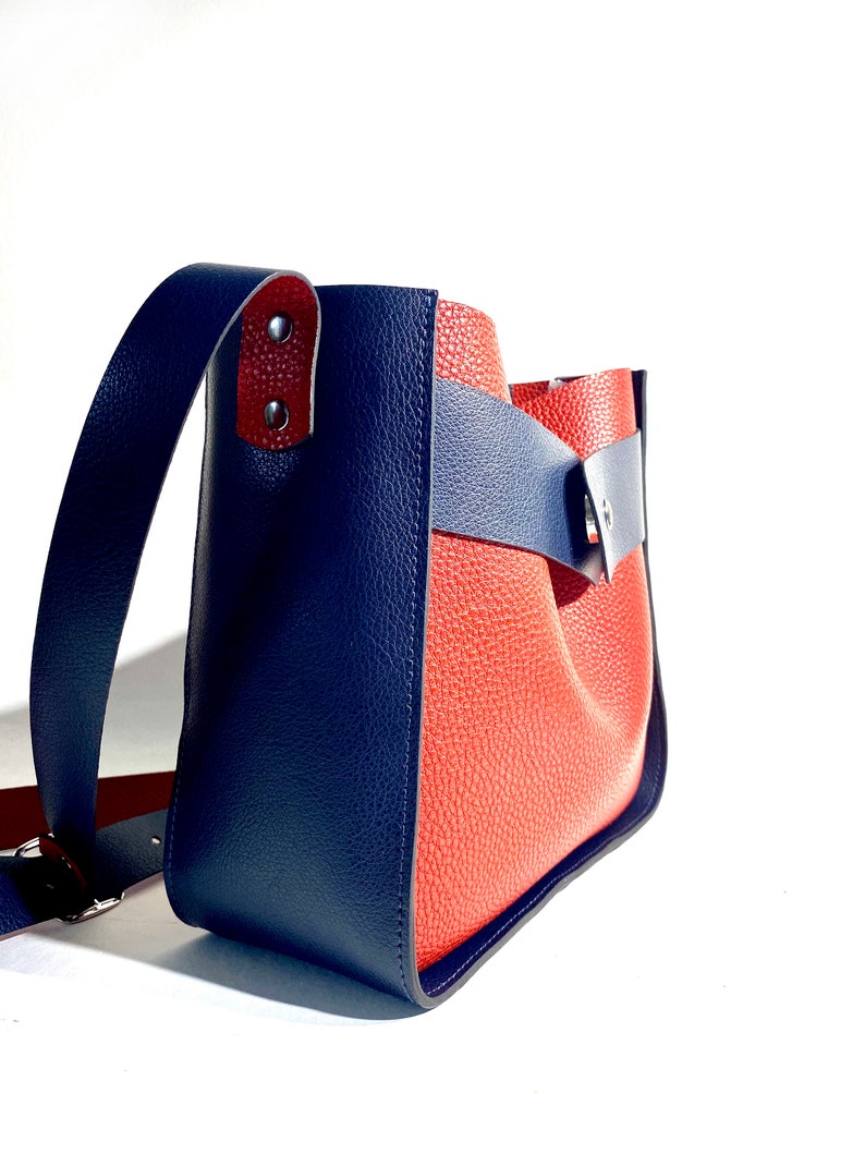 Handmade leather tote bag Crossbody doubleface leather tote Leather tote bag women Red and Blue Leather Tote Woman Summer tote bag image 7
