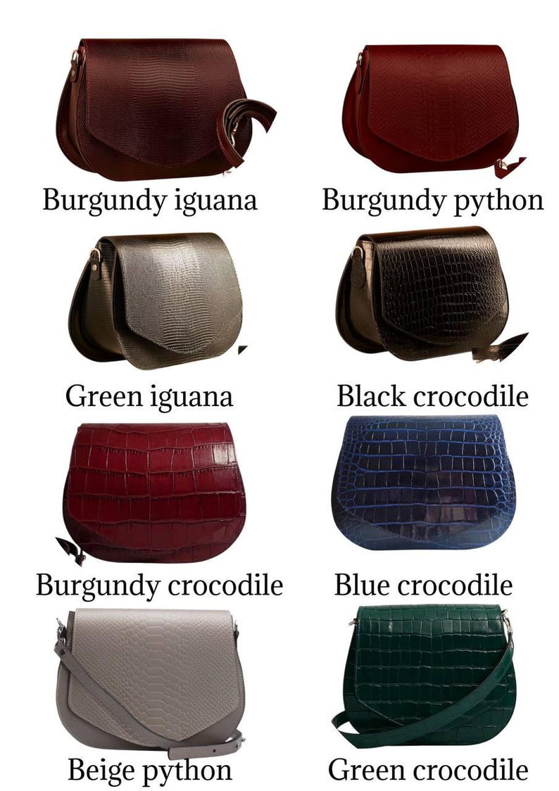 May include: Collection of eight leather crossbody bags in various colors and textures. Styles include burgundy iguana, burgundy python, green iguana, black crocodile, burgundy crocodile, blue crocodile, beige python, and green crocodile.