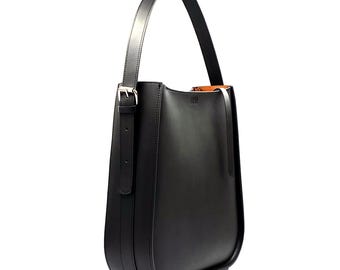 Grande borsa a tracolla in pelle italiana nera, borsa da lavoro con cerniera, borsetta in pelle per tutti i giorni