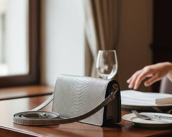 Beige Leather Crossbody Bag, Embossed Italian Shoulder Purse, Small Minimalist Handbag, Elegant Day Evening Bag