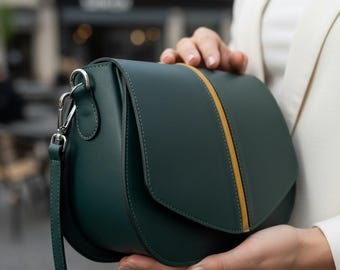 Dark Green Leather Saddle Bag | Italian Crossbody Purse for Women | Minimalist Shoulder Handbag