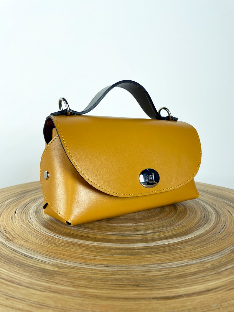 Mustard Leather Handbag, Small Crossbody Bag, Mustard Leather Purse, Stylish leather handbag, Top handle yellow leather satchel for woman image 1