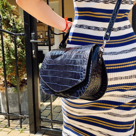 Dark Blue Croc Embossed Leather Saddle Bag, Textured Crossbody Purse Women