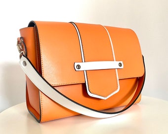 Orange leather shoulder bag, Orange leather crossbody, Orange leather purse, Top handle leather bag woman, Zipper smooth leather handbag