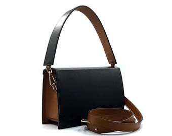Bolso de mano de piel negra y marrón, bolso estructurado bicolor, bolso bandolera con asa superior, bolso clásico para mujer para el día a día.