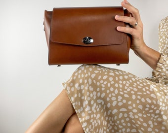 Brown leather shoulder bag, Brown leather crossbody, Brown leather purse, Top handle leather bag for woman, Zipper smooth leather handbag