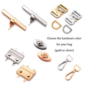 May include: Assorted bag hardware in gold and silver finishes. Includes toggle clasps, D-rings, swivel hooks, and magnetic snap closures. The image also shows side release buckles and oval twist locks.