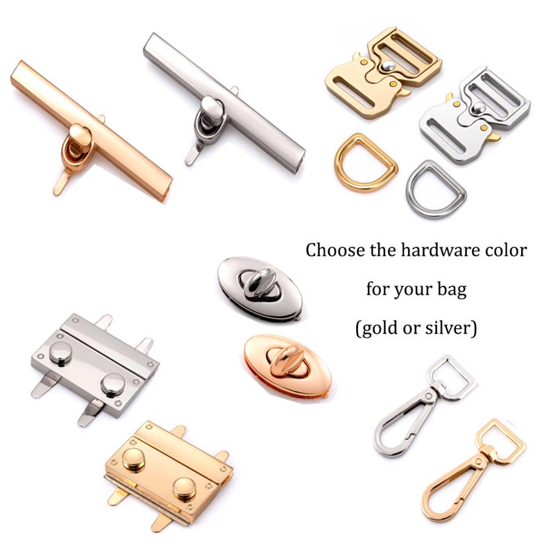 May include: Assorted bag hardware in gold and silver finishes. Includes toggle clasps, D-rings, swivel hooks, and magnetic snap closures. The image also shows side release buckles and oval twist locks.