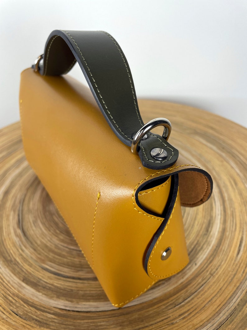 Mustard Leather Handbag, Small Crossbody Bag, Mustard Leather Purse, Stylish leather handbag, Top handle yellow leather satchel for woman image 2