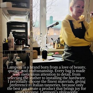 May include: A woman in a yellow hoodie and black apron in a workshop. The image text describes the Lamponi brand, highlighting quality, craftsmanship, and the use of Italian leather in their bags.
