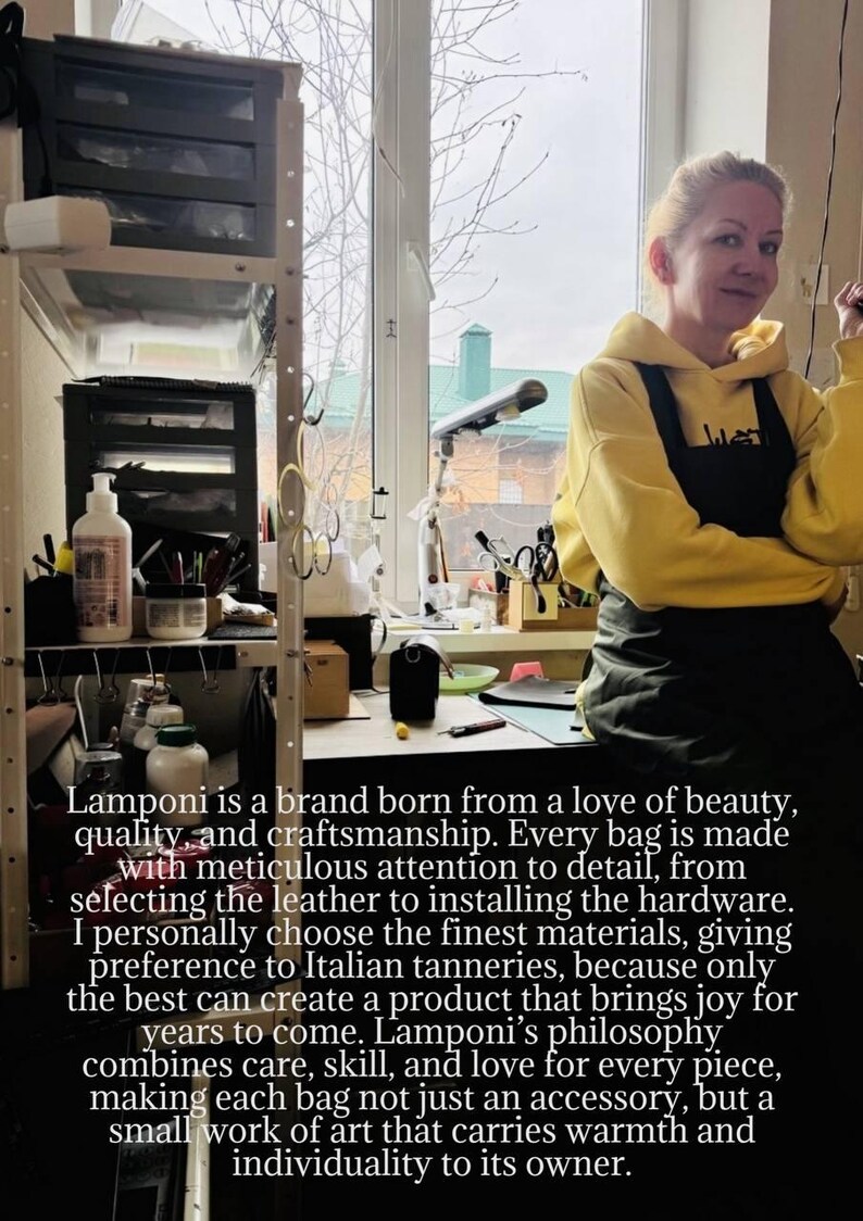 May include: A woman in a yellow hoodie and black apron in a workshop. The image text describes the Lamponi brand, highlighting quality, craftsmanship, and the use of Italian leather in their bags.