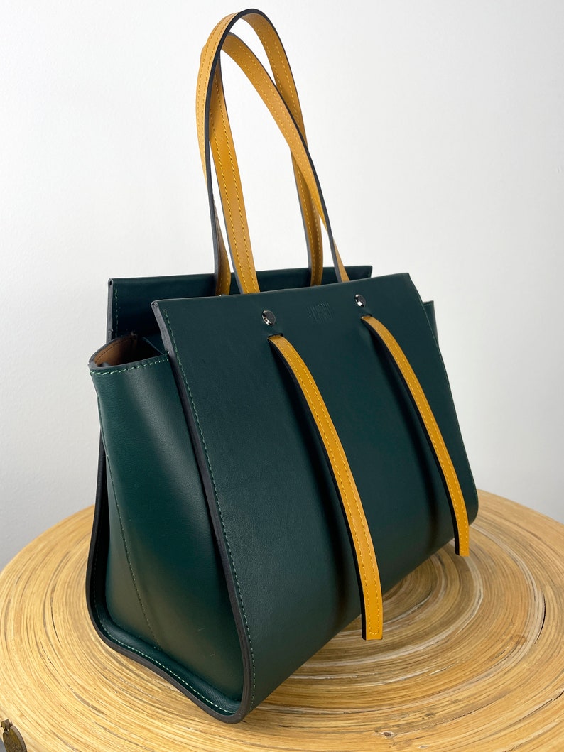 Darkgreen leather shoulder bag Darkgreen crossbody Darkgreen leather purse Top handle bag woman Zipper leather handbag Business women bag image 3