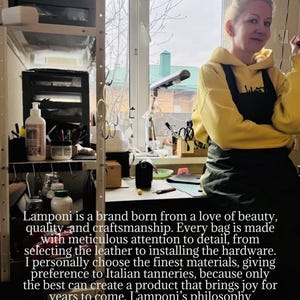 May include: A woman in a yellow hoodie and black apron stands in a workshop. The text on the image describes the brand Lamponi, emphasizing quality, craftsmanship, and the use of Italian leather for their bags.