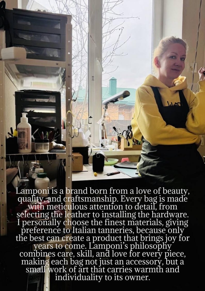 May include: A woman in a yellow hoodie and black apron stands in a workshop. The text on the image describes the brand Lamponi, emphasizing quality, craftsmanship, and the use of Italian leather for their bags.