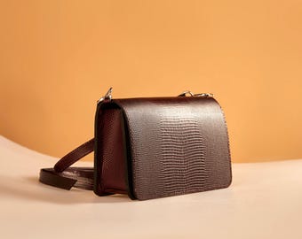 Iguana Embossed Leather Bag, Burgundy Crossbody Purse, Textured Shoulder Bag, Small Evening Handbag