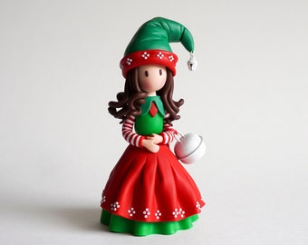 Polymer clay christmas decoration, X-mas elf girl figurine, Polymer clay christmas elf doll, Christmas handmade miniature