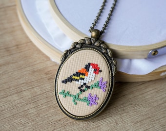 Cross Stitch Bird Necklace: Retro Faux Embroidery Polymer Clay Pendant