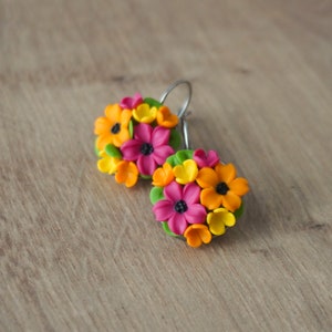 Polymer clay colorful bouquet earrings, Handmade romantic floral earrings, Colorful miniature bouquet with lillies, Gift for mother&#39;s day