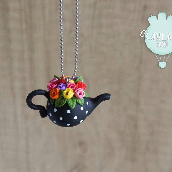 Black teapot with colorful flowers miniature, Retro polymer clay teapot necklace, Romantic Gift for Mother's Day, Gift for vintage lovers