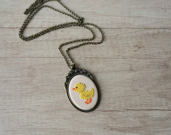 Baby Duck Necklace: Cross Stitch Style Polymer Clay Pendant