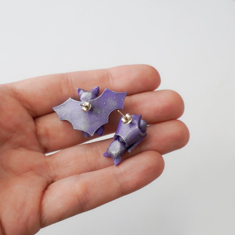 Cute polymer clay bat earrings, Polymer clay halloween stud earrings, Cute baby bats, Polymer clay jewelry for girls, Gift for her image 4