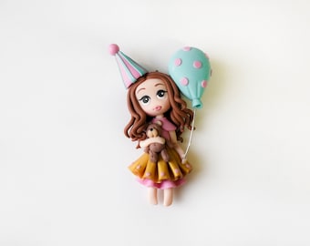 Polymer clay birthday doll necklace, Personalized gift for birthday, Handmade b-day girl pendant, Personalized polymer clay miniature