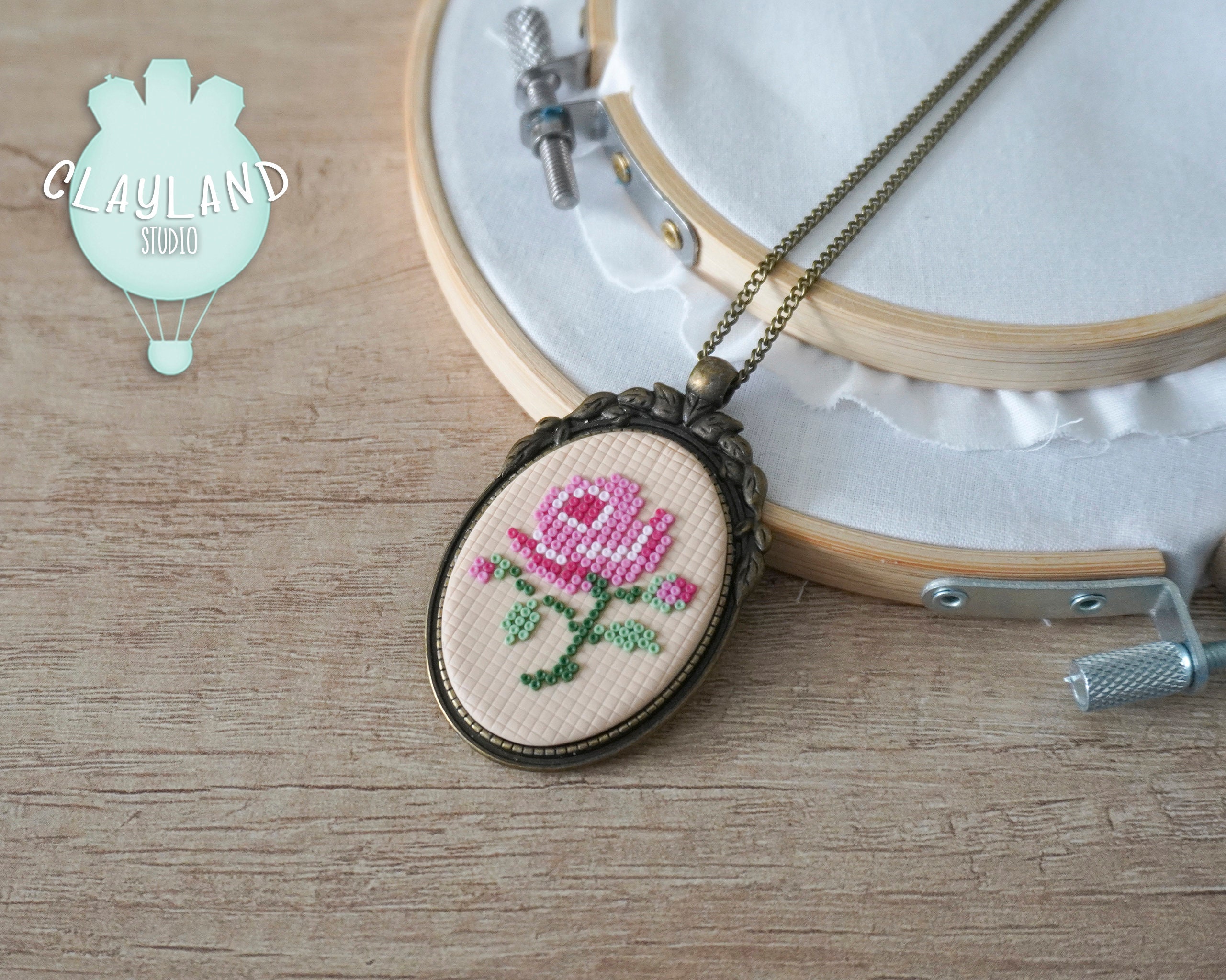 Cross Stitch Necklace Embroidery Necklace Floral Pendant 