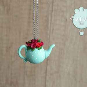 Retro teapot with roses necklace, Polymer clay teapot pendant, Gift for Mother&#39;s Day, Valentine&#39;s day teapot with flowers,