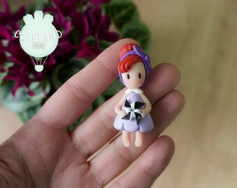 Polymer clay doll necklace, Handmade Spring doll pendant, Girl with a pinwheel necklace, Gift for girls