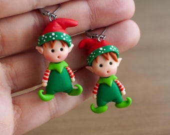 Polymer Clay Elf Earrings: Handmade Christmas Whimsical Jewelry