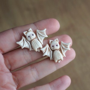 Cute polymer clay albino bat earrings, Polymer clay halloween stud earrings, Cute albino baby bats, Polymer clay jewelry for halloween image 4
