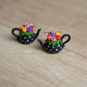 Polymer clay polka dot teapot earrings, Cute retro floral teapot jewelry, Black teapot with roses earrings, Romantic gift for her