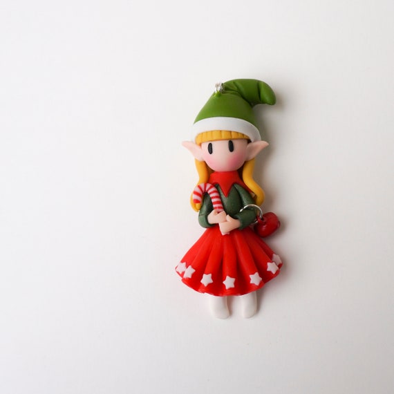 Handmade Christmas Elf Girl Necklace: Polymer Clay Doll Pendant